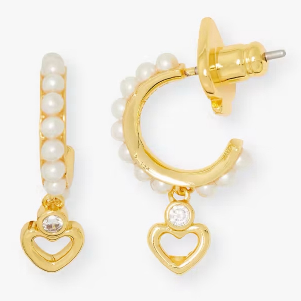 🆕 Kate Spade ♠️ New York Shining Spade Pearl Heart Huggies Earrings NWT New!